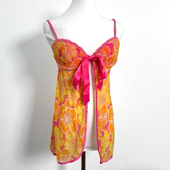Y2K Floral Sheer Babydoll Top Pink Orange Ribbon Bow Coquette Lingerie M - Picture 1 of 8